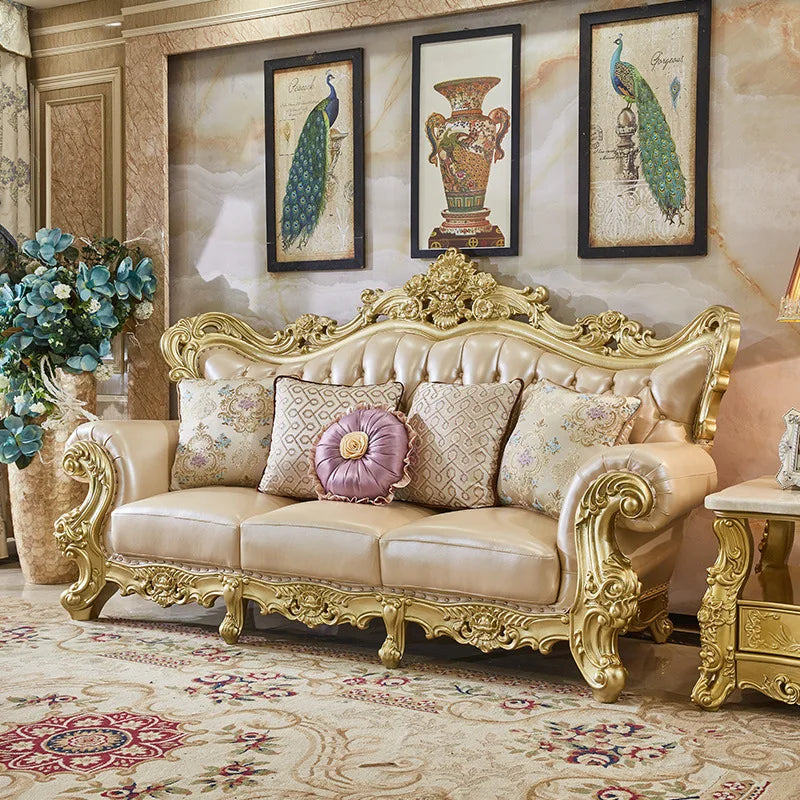 Classic Luxury Sofa Rubber Solid Wood Golden Antique European Royal Style Living Room Sofa Sets 1+2+3 | Kimlud Luxury Sofa