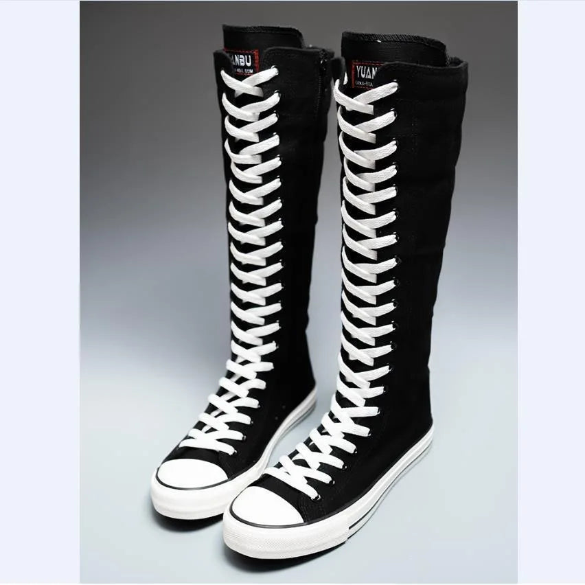 2025 New High Top Canvas Shoes for Women's Korean Edition Long Boot Lace-Up Zipper Comfortable Boot Zapatos De Mujer Tendencia