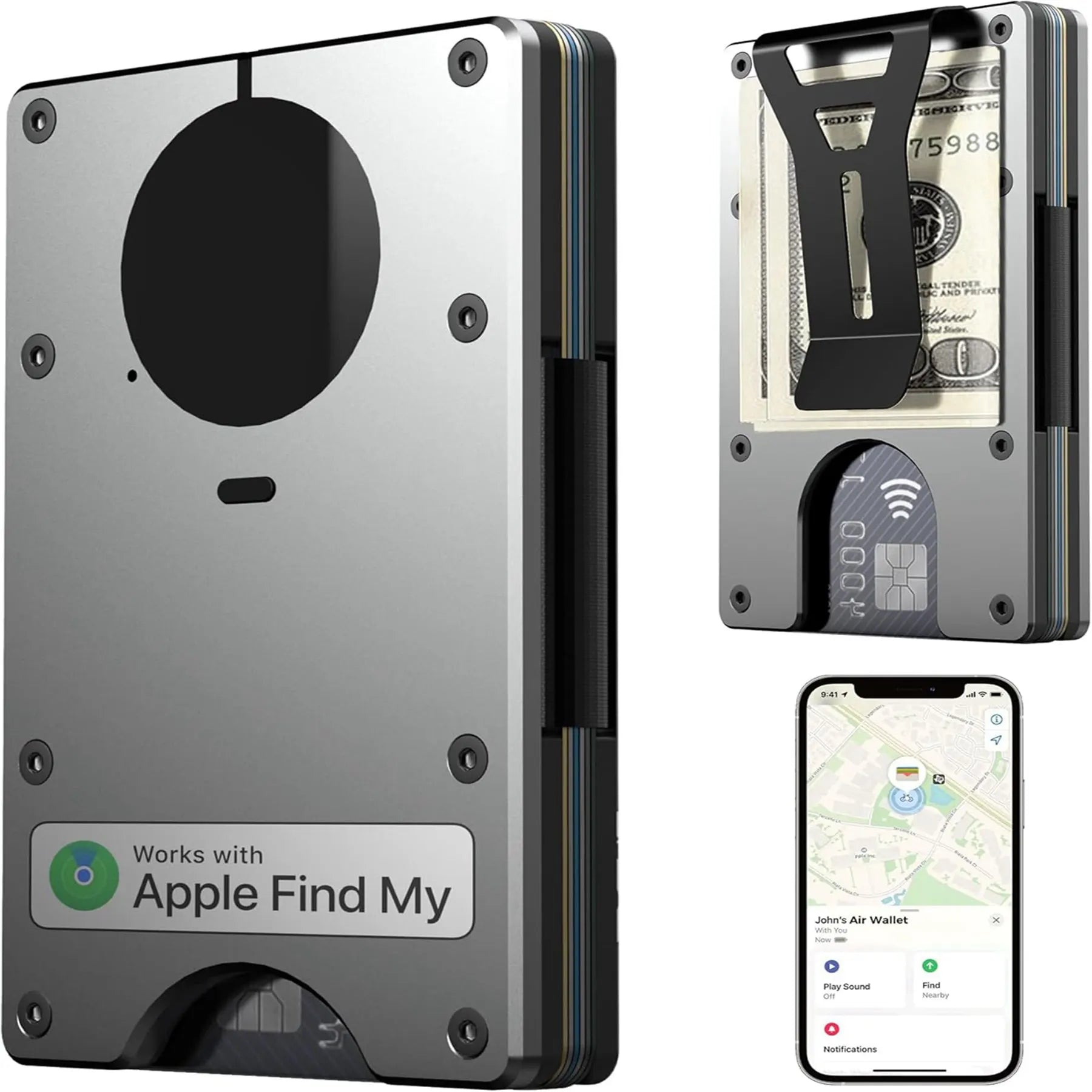 Wallet with Built in Airtag Chip, RFID Blocking Credit Card Holder, Compatible with Find My iOS Only, Detachable Money Clip