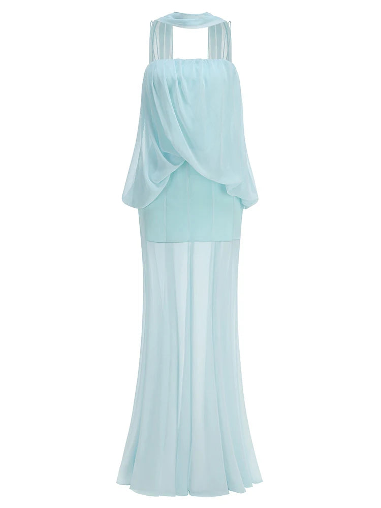 Sexy Spaghetti Strap Folds Patchwork Mesh Long Dress with Ribbon Women Sleeveless Slim Celebrity Evening Club Party Maxi...