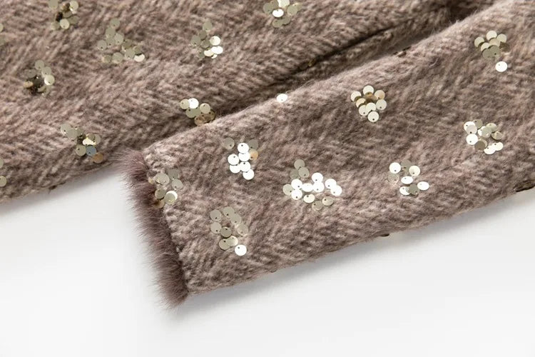 IEQJ Fashion Autumn Winter Woolen Coat Women Turn-Down Collar Fur EdgeDouble Breasted Long Sleeves Sequins Slim Blends Coat New