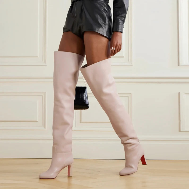 Autumn and Winter New Black Leather Round Head Over Knee Women's Boots, Thick High Heels, Fashionable 34-46 Large Women's Boots