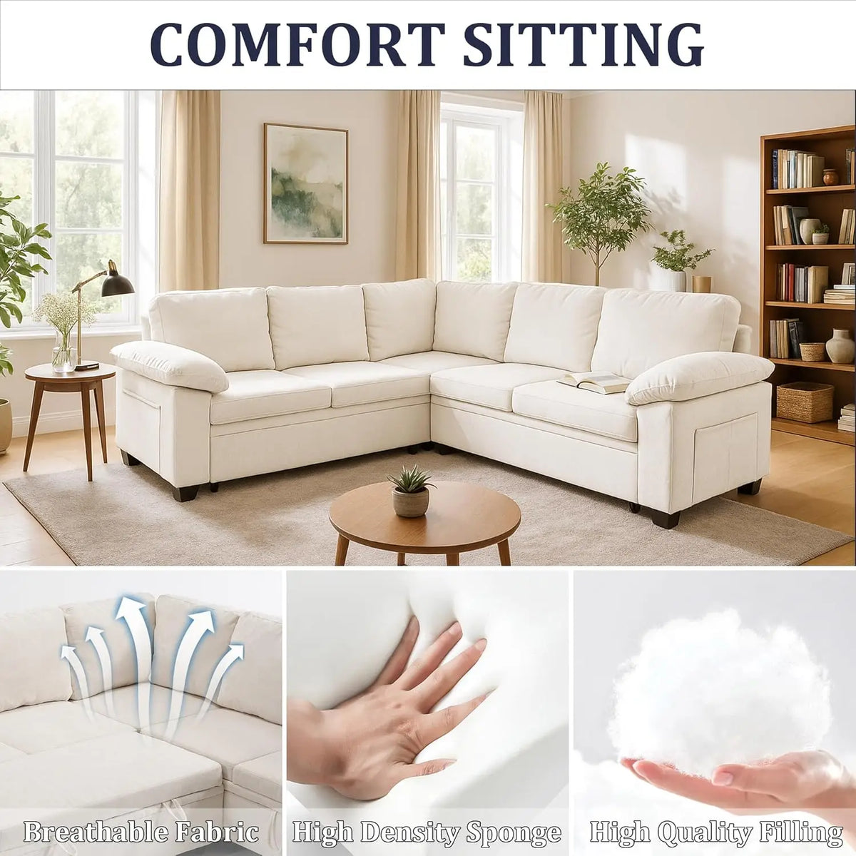 108in L-Shaped Sleeper Sectional Sofa Bed with Storage, Chenille, 5-Seat Modular for Living Room Apartment, Customized |...