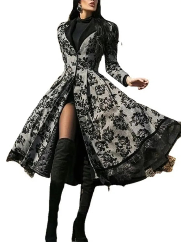 Women New Vintage Print Splicing Lace Trench Coats Autumn Long Sleeve Button Coat Female Casual Big Swing Fashion Party Jackets