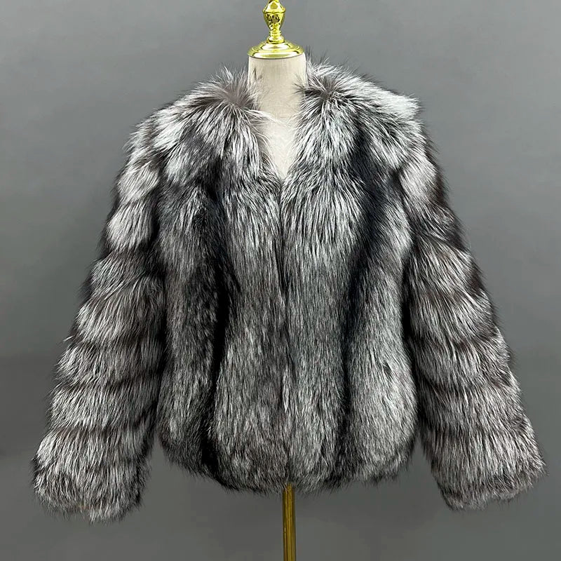 JANEFUR 2024 Thick Warm Real Fox Fur Coat Fashion Female V-neck Fox Fur Collar Coats Elegant luxury Lady Fur Outwear