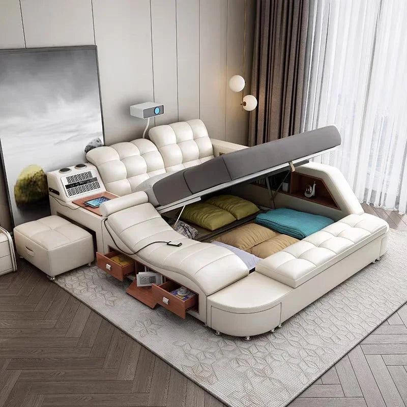 Genuine Leather Tech Smart Multifunctional Beds Massage Modern Luxury Camas Upholstered With Bluetooth Speaker,Air Cleaner