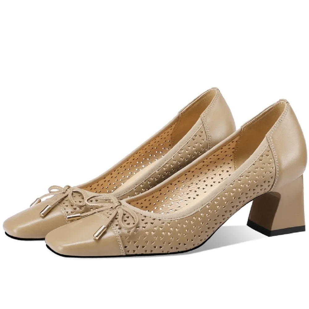 【JOCHEBED HU】New Fashion Hollow Out Women Pumps Square Toe Summer Shoes Chunky Heels Handmade Genuine Leather Shoes 33-43 - Kimlud