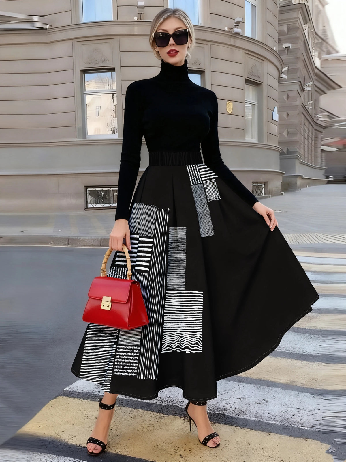 Printed Design suitable for all four seasons Geometric Stripes And Lines Pattern vacation style elegant style women's half skirt