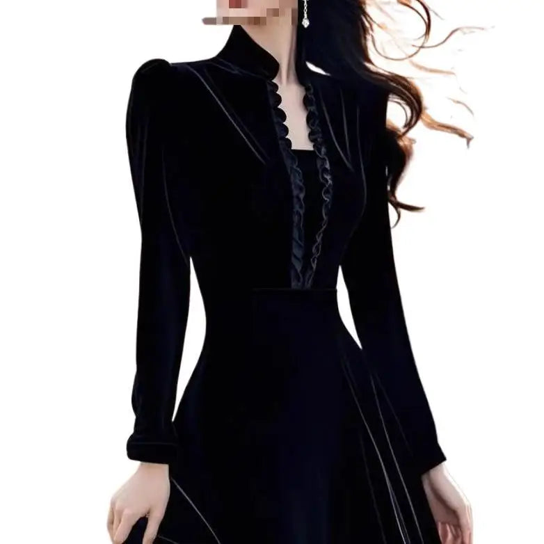 Elegant Black Velvet Dress Formal Occasion Heir to a Rich Family Luxury Feel Hepburn Style Stand Collar Long Sleeve Midi...