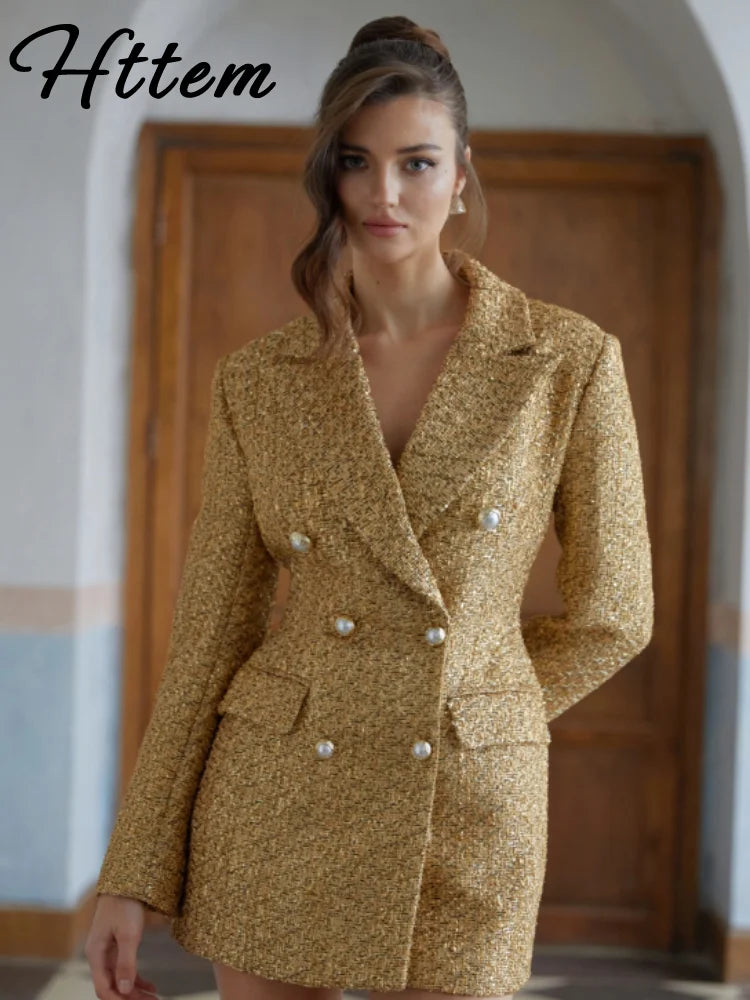 Elegant Paillettes Blazer Coat Women Lapel Doube-breasted Fake Pocket Slim Jackets Lady 2025 Autumn Winter Streewear Female New