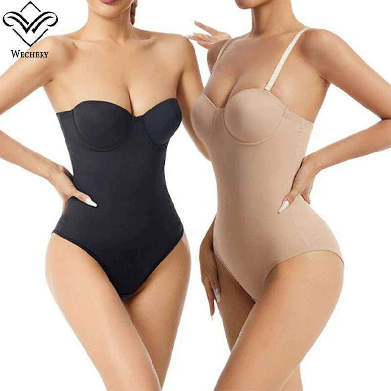 Wechery Women's Bodysuit Slimming Body Shaper Tummy Control Shapewear Detachable Shoulder Strap Female Underwear