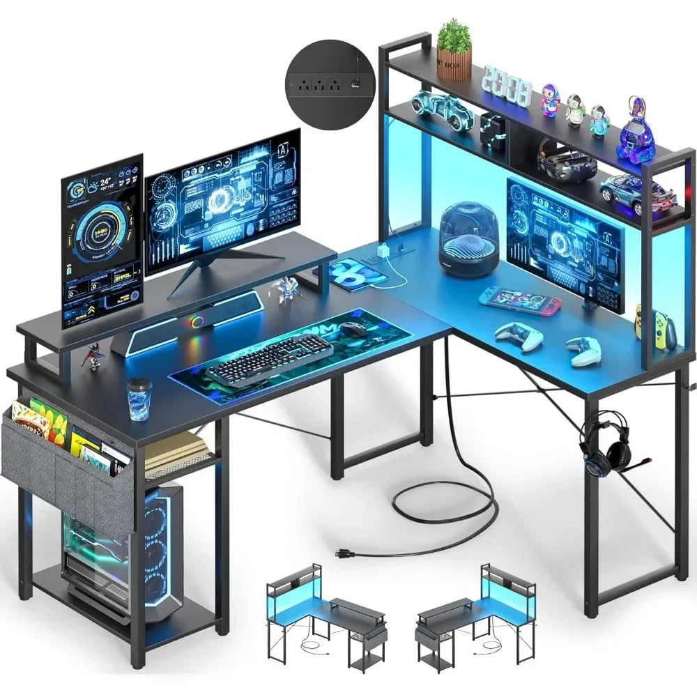 Top Rated Small L Shaped Desk Gaming Desk with Power Outlets, 48" Reversible L Shaped LED Computer Desk with Monitor Stand & Sto