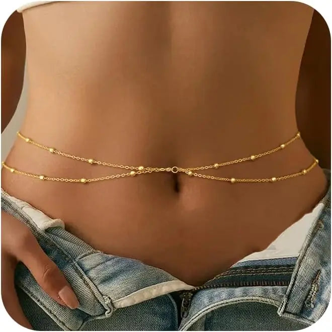 Waist Chain for Women Waterproof, 14K Gold Plated STAINLESS STEEL Layered Belly Chain Sexy Bikini Satellite Beads Body...