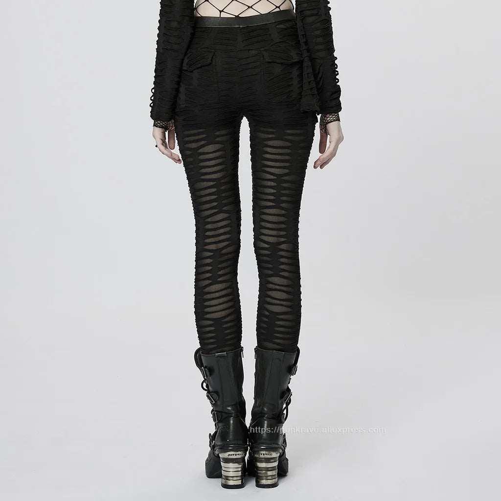 PUNK RAVE Women's Gothic Decayed Slim-fit Leggings Punk Meta Eyelets Webbing Personality Thin Black Pants Spring/summer
