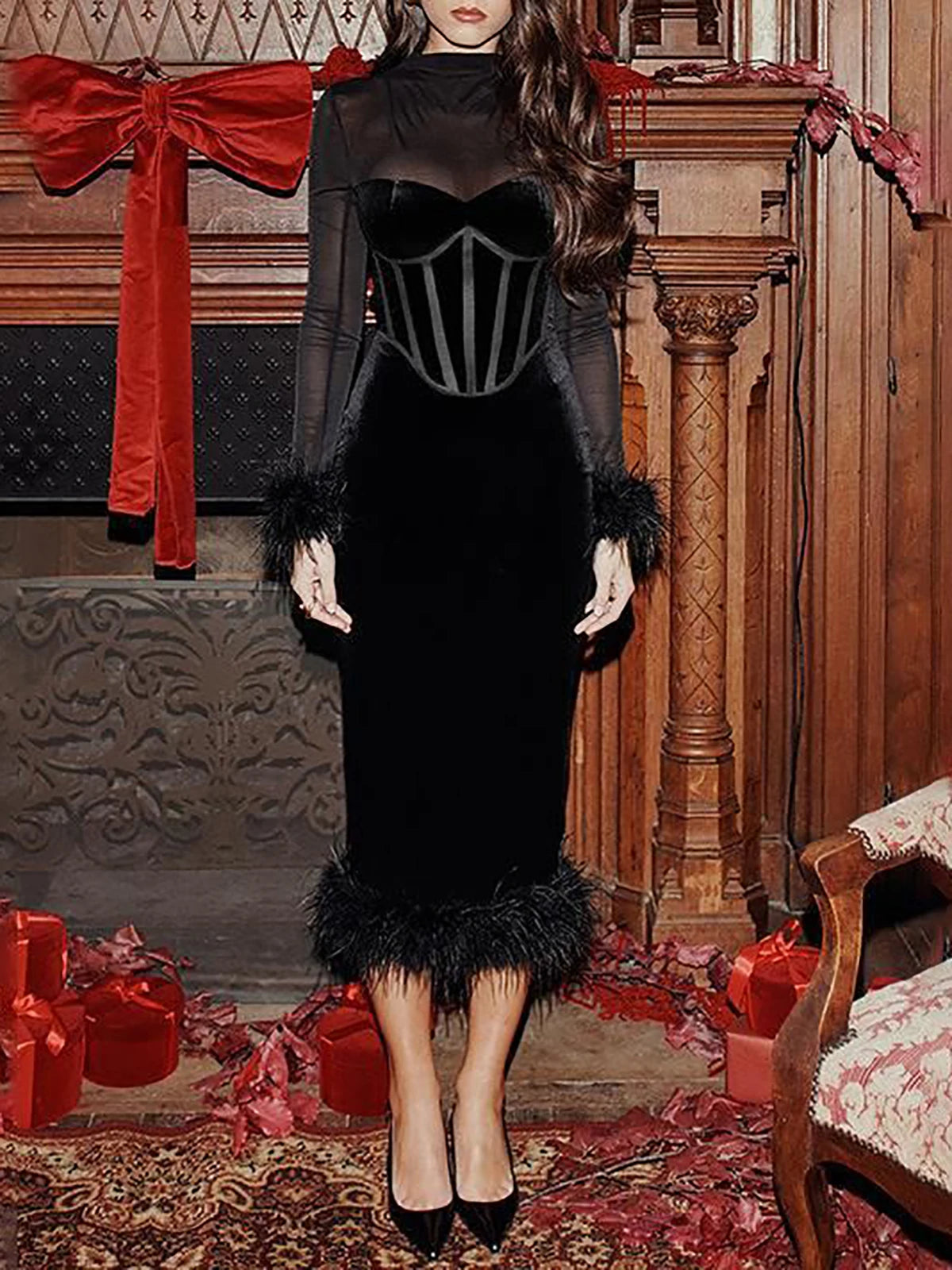 Elegant Feather Tassel Women's Evening Dress Black Mesh Round Neck Long Sleeve Party Bodycon Dress Velvet Cocktail Midi Dresses