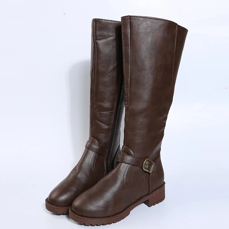 2025 New Women's Spring/Autumn Leather Boots-Knee-High Riding Boots with Zip Low Heel Perfect for Daily Commute& Weekend Outings