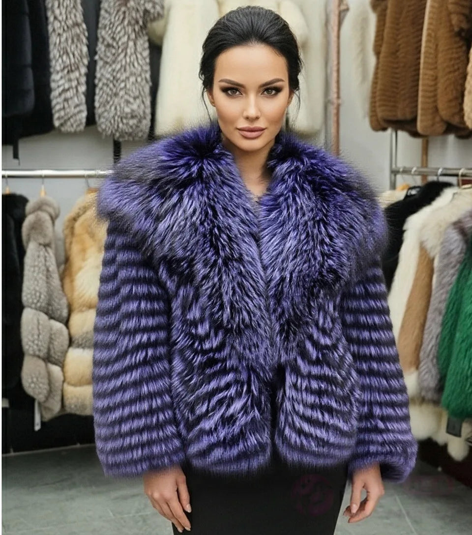 Lady's Natural Stripes Fox Fur Coat with Big Collar Spring Autumn Luxury Fashion Jacket