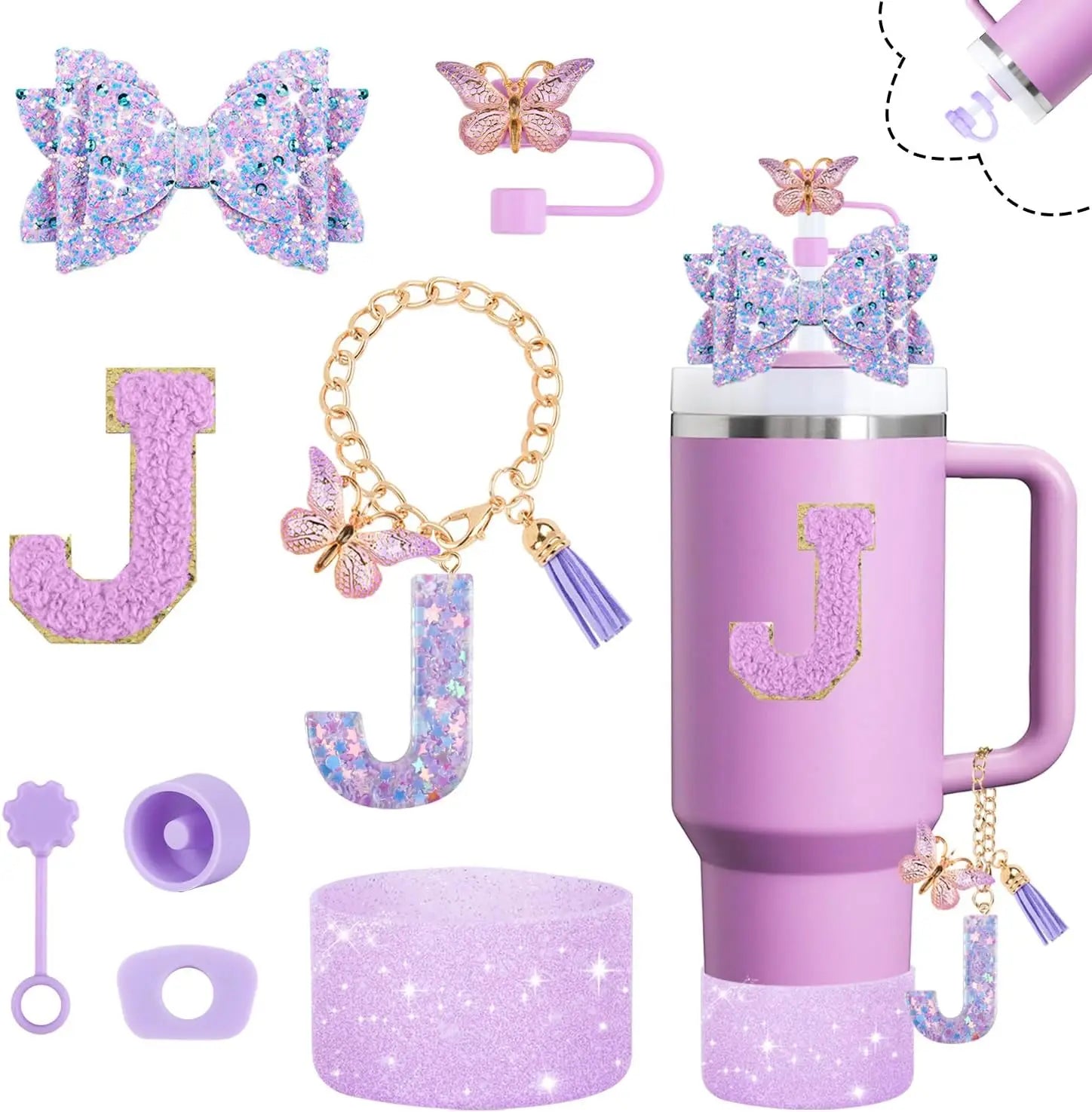 8pcs Cup Accessories Set for Stanley Cup 30oz 40oz tumbler Straw Topper Cover, Boot, Spill Proof Stoppers, Handle Charms Sticker