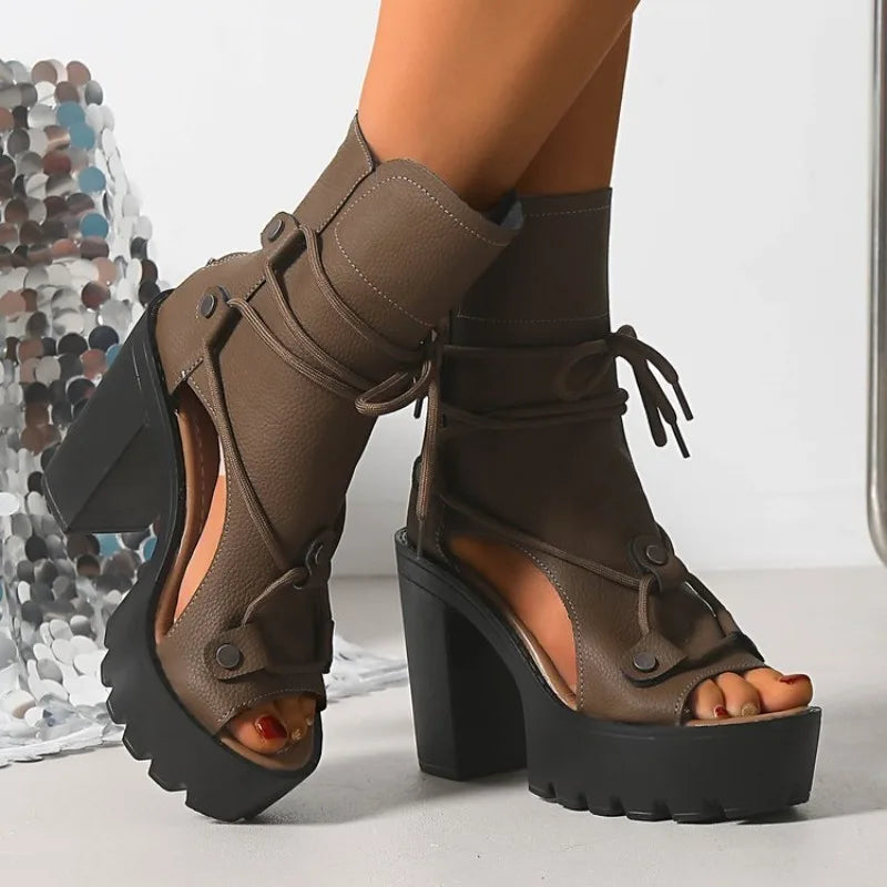 Women's Platform High Heel Ankle Boots Open Toe Lace Up Sandals Textured Finish Chunky Block Heel Zipper Closure Fashion...