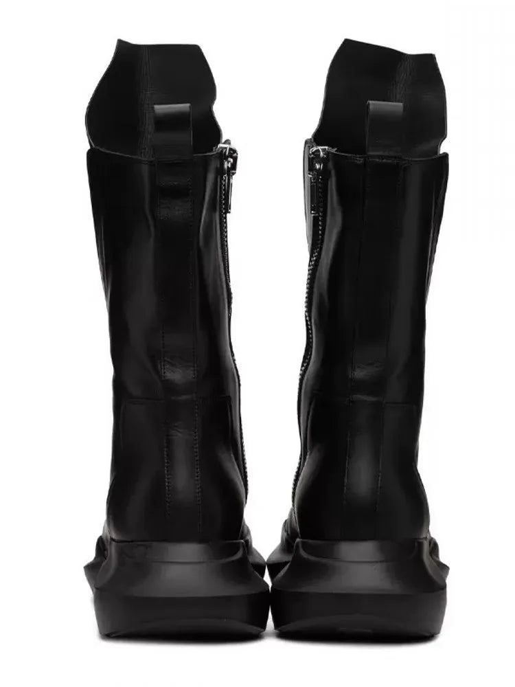 Gothic Men Thick Platform Mid Calf Boots Height Increasing Cowhide Genuine Leather Sneakers Man High Top Moto Biker Safety Shoes