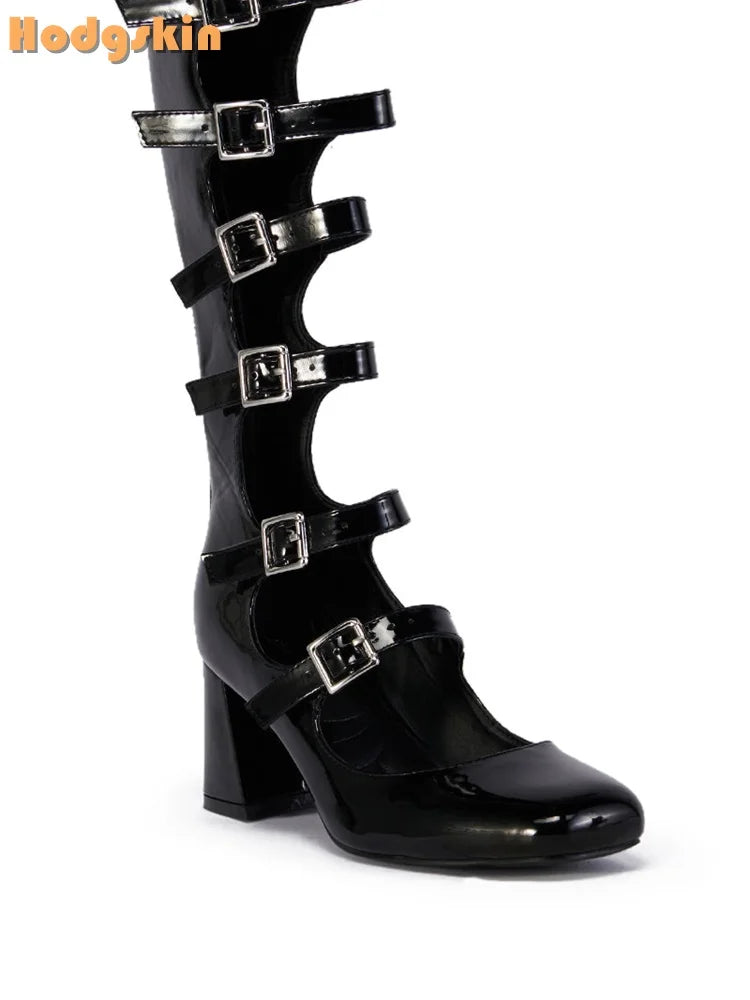 Punk Buckle Straps Boots Round Toe Back Zipper Knee-high Boots Patent Leather Square Heels 2025 Women New Fashion Sandals Shoes