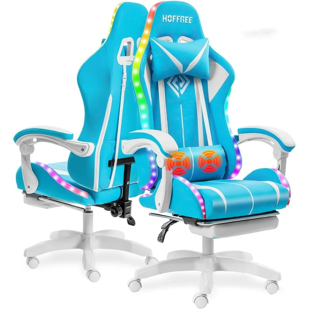 Ergonomic High-Back LED RGB Gaming Chair with Massage, Adjustable Lumbar Support and Footrest for Comfortable Video Gaming Exper