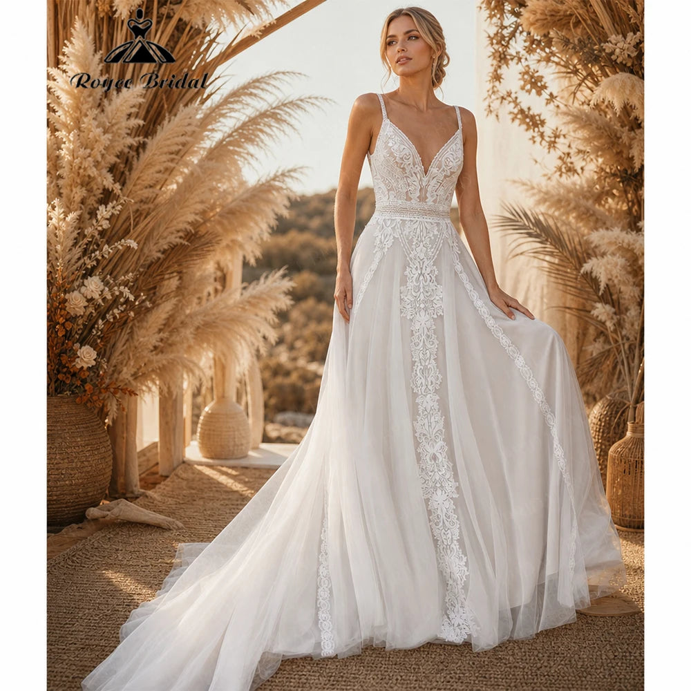 RoyceBridal A Line Wedding Dress V Neck Lace Applique Low Back Tulle Sweep Train Bridal Gown Vestido De Novia Customized - Kimlud