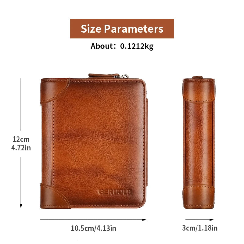 Men’s compact, high-capacity genuine leather wallet; top-grain cowhide wallet with multiple card slots; RFID protection