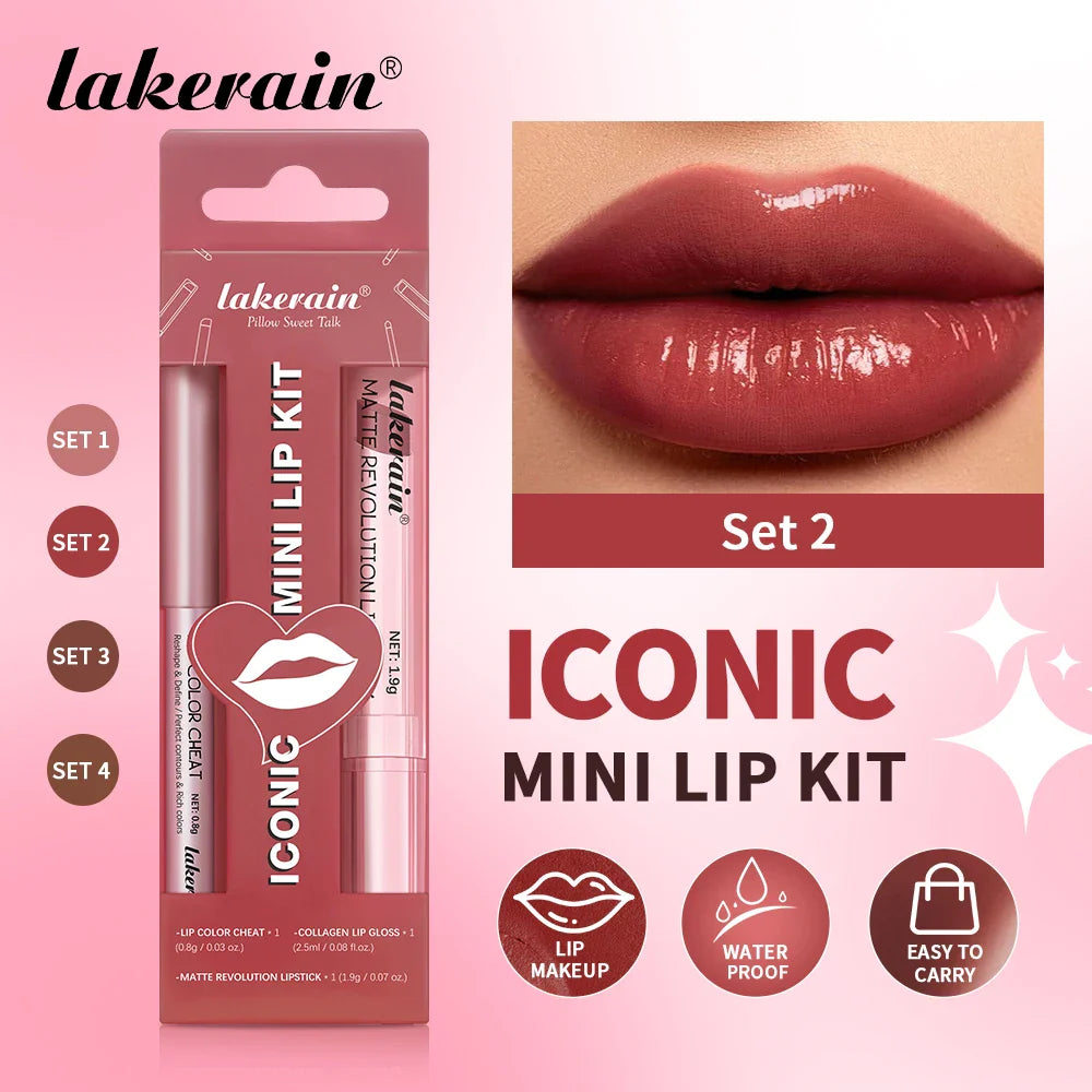 lakerain 3pcs mini matte lipstick+lip gloss+lip liner set precise outline three-dimensional lip plumping lipstick set