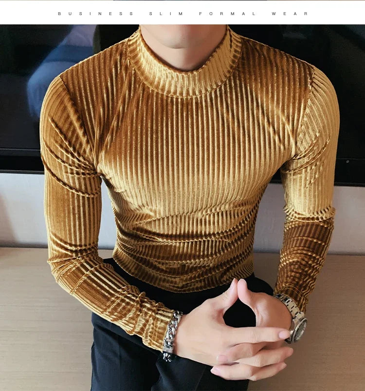 New Gold Velvet T Shirt Men Clothing Fashion Trend Male Luxury Prom Party Long-sleeved Striped Pullover Tops Homme - Kimlud
