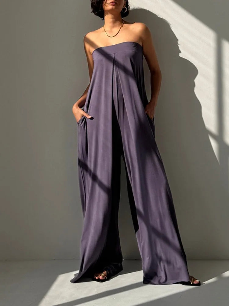 Yeezzi Women's Solid Color Hollow Backless Tube Jumpsuits Loose Sleeveless Pockets Wide Leg Summer Casual One-Piece Pants