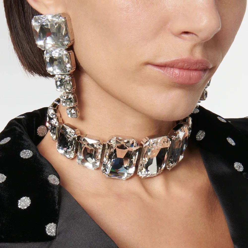 Luxury Square Crystal Jewelry Sets Women Party Accessories 2024 Fashion Show Exaggerate Bridal Necklace Earrings Set Gifts