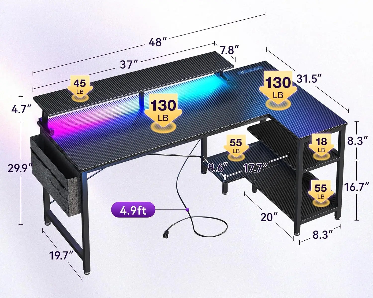 48-Inch L-Shaped Gaming Desk with USB Ports, LED Lights, Storage Shelves & Power Outlets in Black