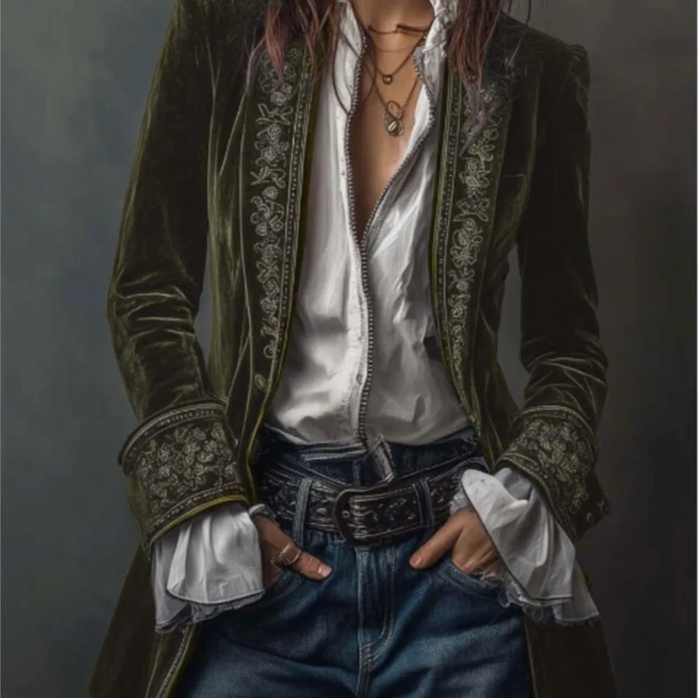 Retro Women's Jacket Loose Casual Temperament Fashion Printed Palace Style Jacket Long Sleeves Spliced gold Velvet Outerwears