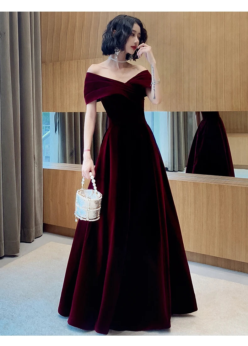 Lautaro Spring Long Luxury Elegant Wine Red Soft Velvet Evening Party Wedding Dresses for Women 2022 Off Shoulder Maxi...