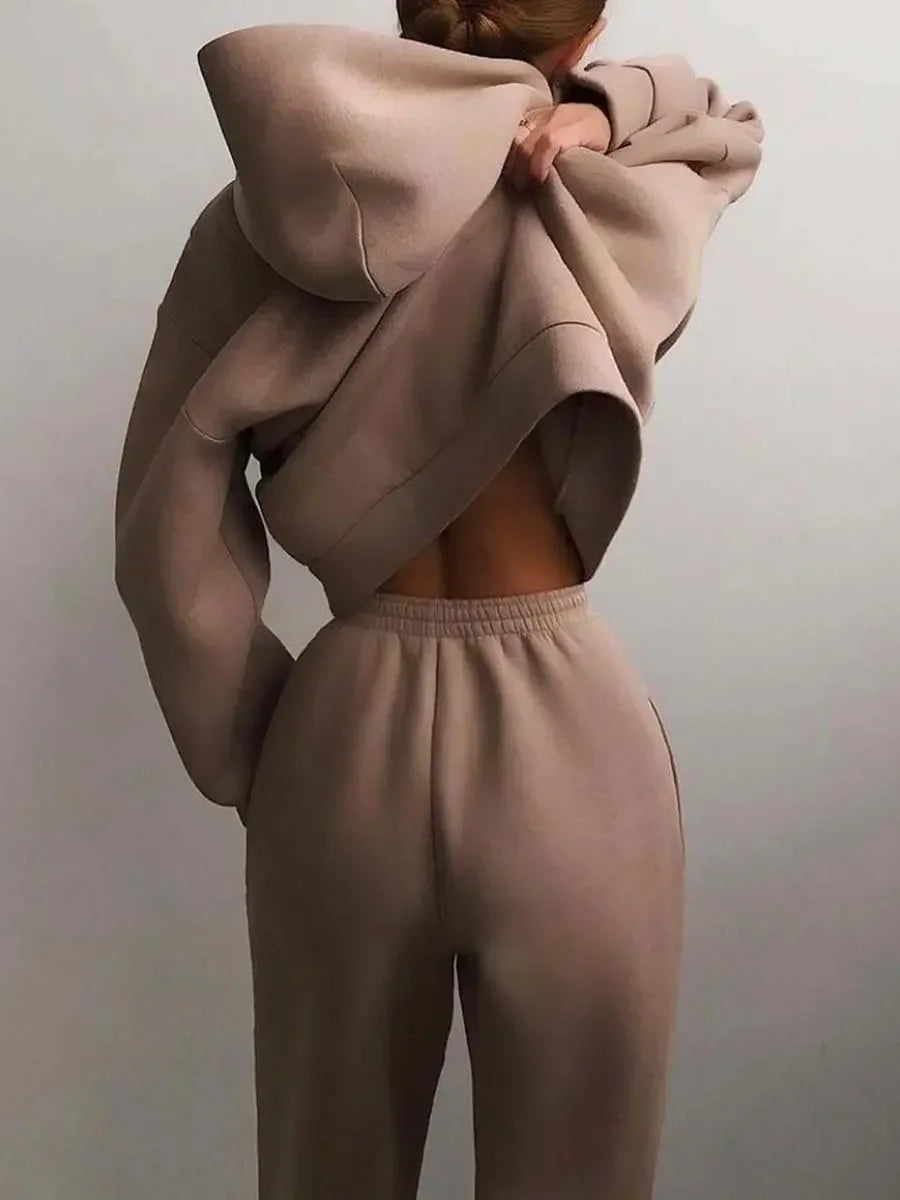 Women's Tracksuit Casual Solid Long Sleeve Hooded Sport Suits Autumn Warm Hoodie Sweatshirts and Long Pant Fleece Two Piece Sets