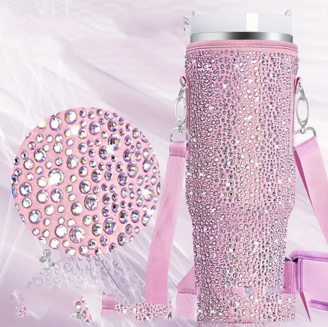 40oz Durable bling shiny rhinestone Water Bottle Bag protecting case For Stanley Cup Sleeve with Strap Outdoor Pouch