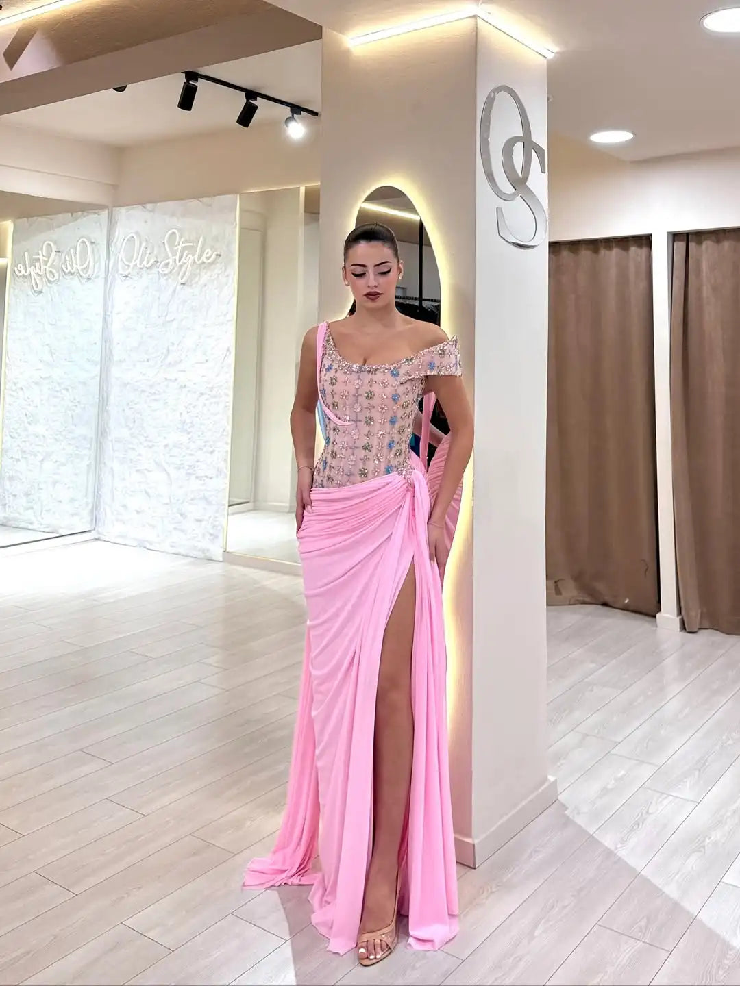 Ofherown Elegant Pink One-Shoulder Evening Dresses Beaded Floral High Slit Draped Prom Gowns Vestidos De Festa Customized