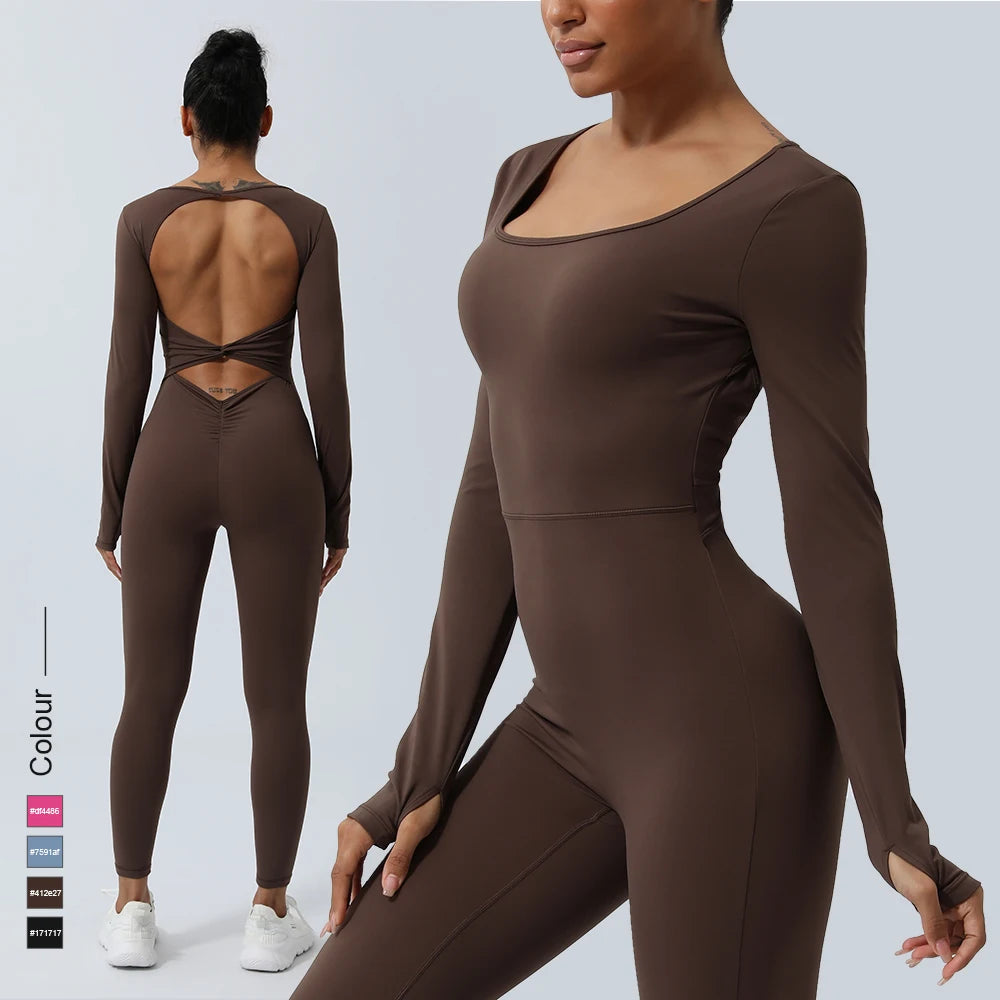 Women Fitness Jumpsuit Backless Long Sleeve Tights Yoga Set Running Training With Padded Sport Set - Kimlud