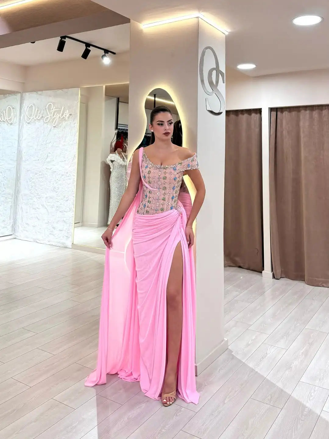 Ofherown Elegant Pink One-Shoulder Evening Dresses Beaded Floral High Slit Draped Prom Gowns Vestidos De Festa Customized