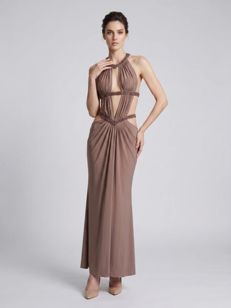 Sexy Straps Halter Neck Diamonds Cut Out Long Dress Women Browns Sleeveless Backless Slim Dresses Evening Party Cocktail Gowns