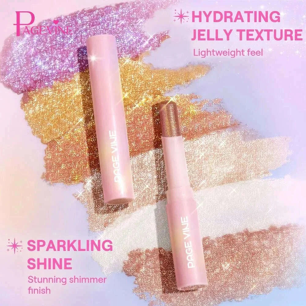 PAGE VINE Crystal Jelly Highlighter Eyeshadow Stick Shiny Multi-colored Pearlescent Shimmer Lip Balm Sparking Shine Face Makeup