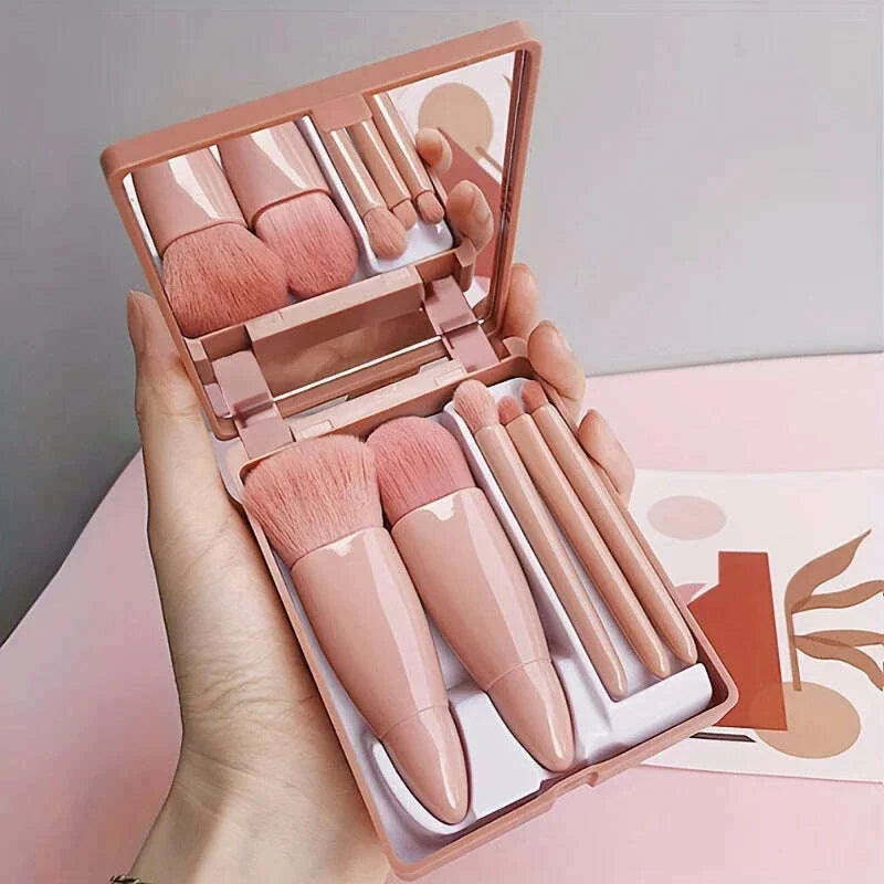 5Pcs Portable Makeup Brush Set With Mirror -  Foldable Travel Kit ,Mini Makeup Brush Set Travel Makeup Brush Set
