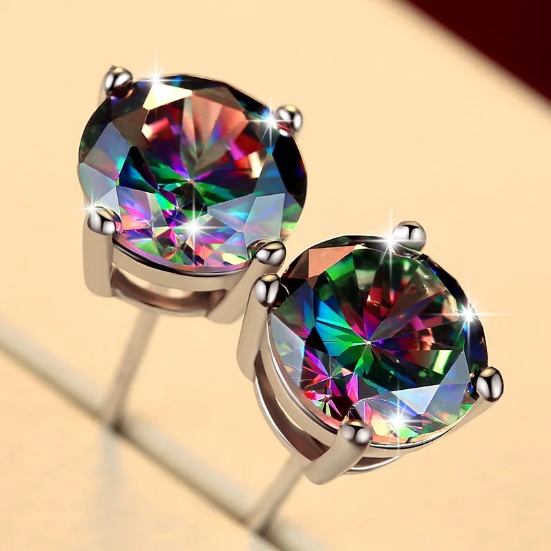 Rainbow Crystal Multicolor Zircon Earring 5/6/7/8mm Round Stone Stud Earrings For Women Trendy Silver Color Wedding...