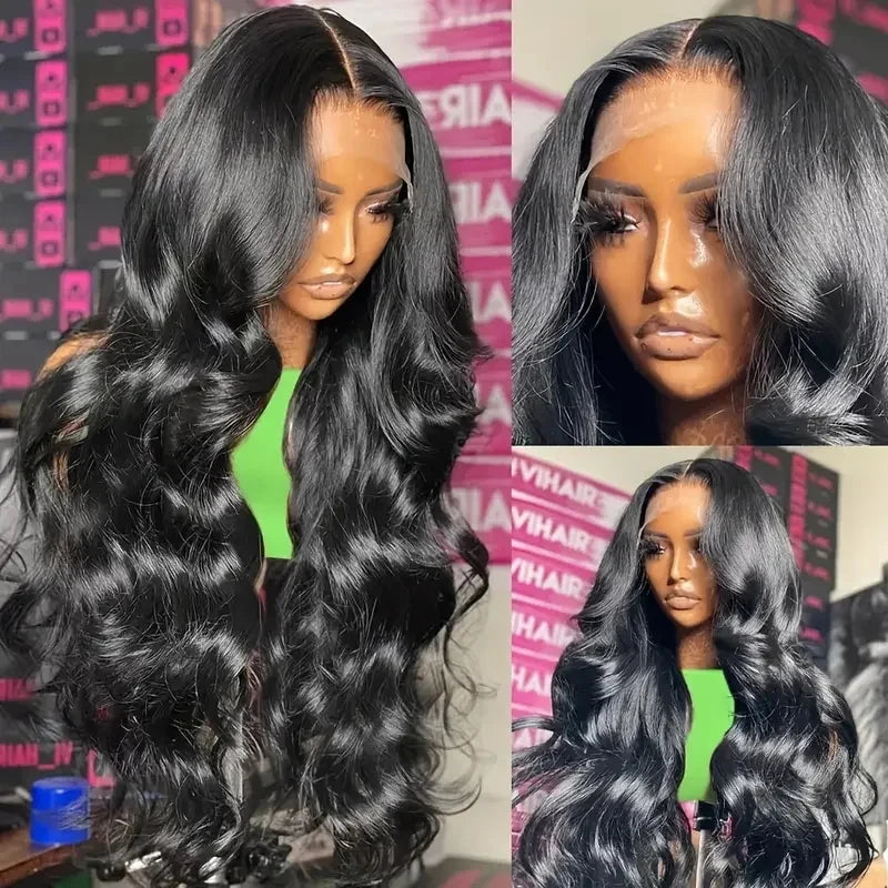 180% Density Natural Black Body Wave Human Hair Wigs HD Transparent Lace Frontal Wig Pre-Plucked Bleached Knots Lace...