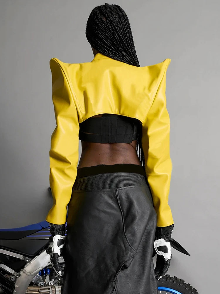 Nibber Leather Zipper Jacket Women Patchwork o-Neck Shoulder Pads Long Sleeve Sexy Midnight Moto Style Street Hipster Crop Coat