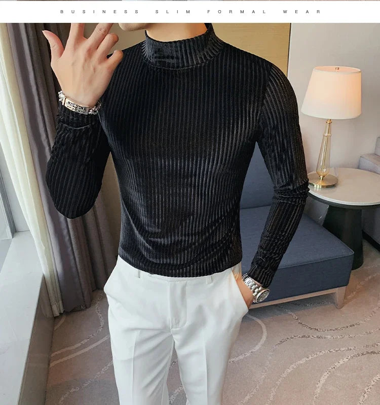 New Gold Velvet T Shirt Men Clothing Fashion Trend Male Luxury Prom Party Long-sleeved Striped Pullover Tops Homme - Kimlud