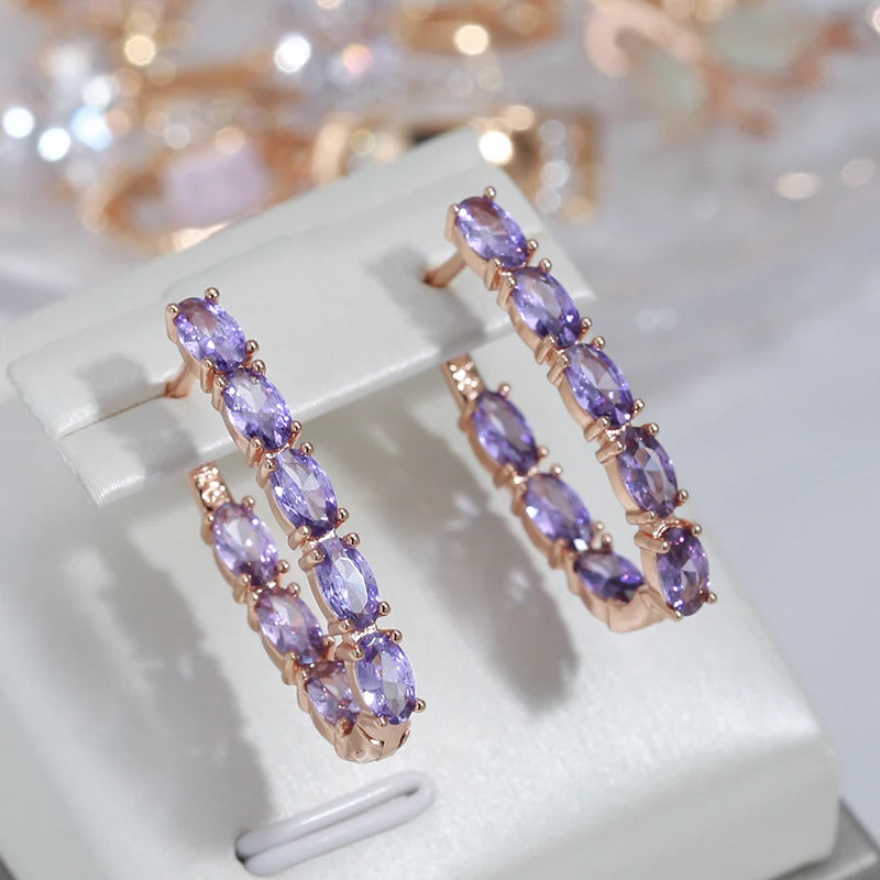 Luxury Full Claw Oval Purple Zircon Metal Earrings 585 Gold Color Ear Drop Statement Jewelry Women Party Wedding Accessories