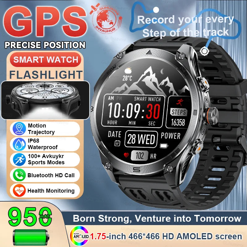 2025New GPS Sports Smart Watch AMOLED Flashlight 950Mah Battery IP68 Waterproof Fitness Trackr BT Call Smartwatch For Men Women