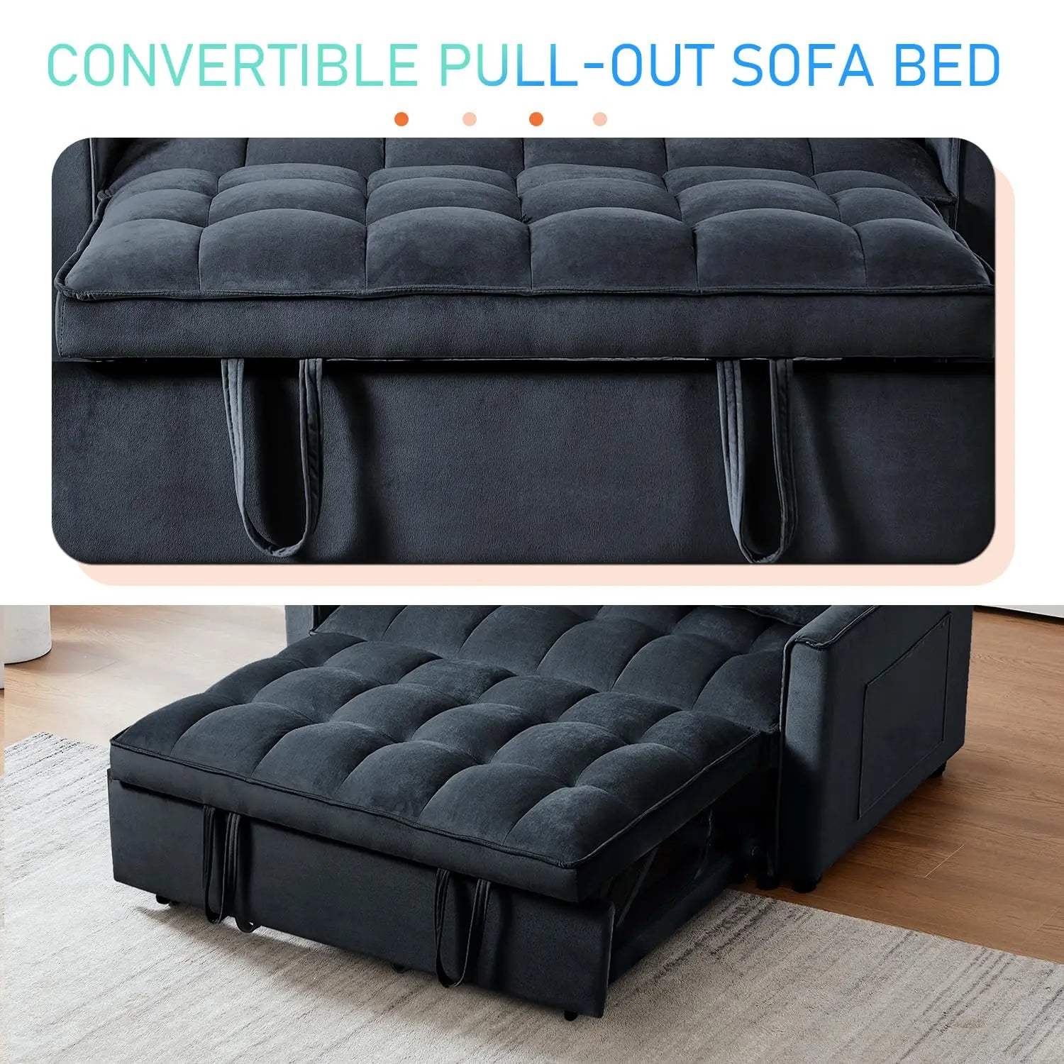 3-in-1 Convertible Sleeper Sofa Bed Adjustable Velvet Pull Out Loveseat Side Pocket Living Room Black Customized |...